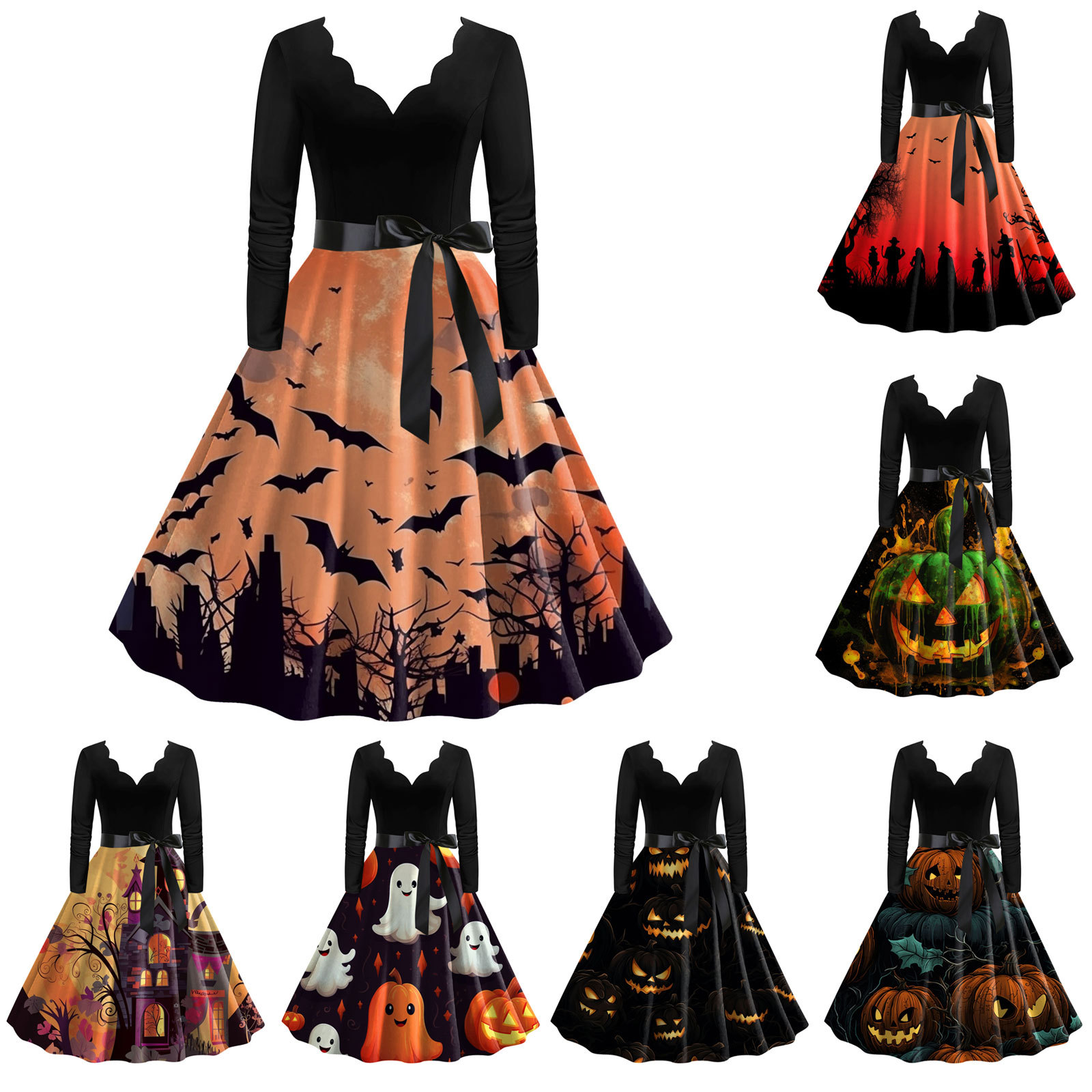 L跨境外贸万圣节女装厂家新款烧花V领长袖撞色黑拼印花大摆连衣裙