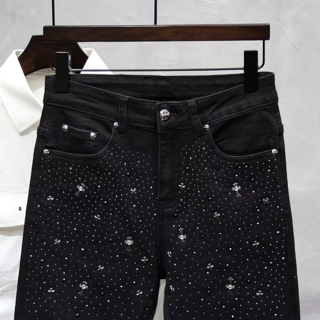 Schwarze Jeans, Trendmarke für Herren, High-End-Heavy-Industrial-Hot-Diamond-Slim-Fit, Herbst-High-Street-elastische Jeanshose_voghion.com