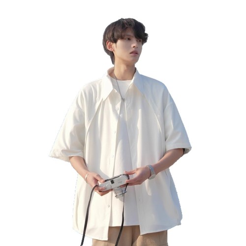 Deconstruction Design Lightweight Luxury Short-Sleeve Shirt for Men Summer Chilled Feeling Striped Solid Color Stiff and Three-Dimensional Ins Five-Sleeve Shirt