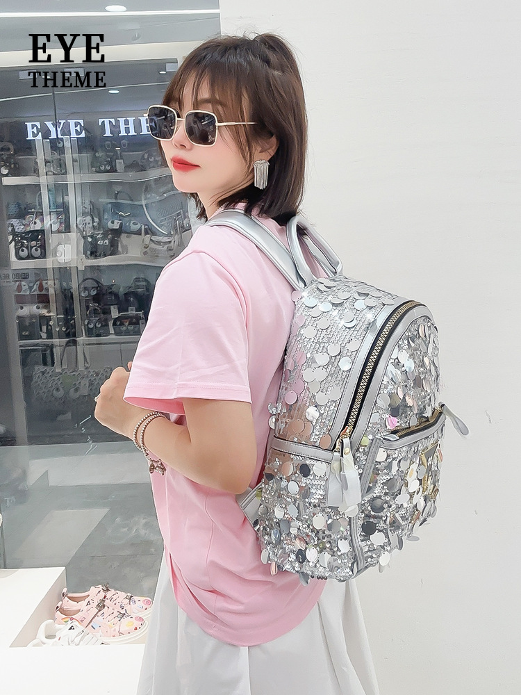 Color brillante material especial de cuentas sequinilla de gran capacidad cremallera mochila personalidad nueva mochila de viaje 2612 #