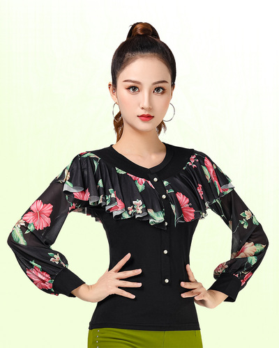 Latin dance clothes tops for women to practice ruffles, flowers, long sleeves, autumn and winter new dance clothes, adult modern dance