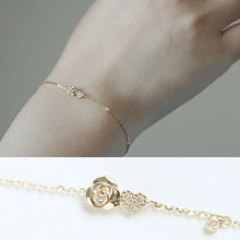 網紅925純銀鍍14K黃金手鏈浪漫玫瑰造型愛心小鑽氣質纖細素手飾女