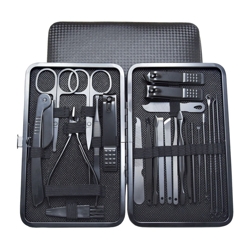 Juego de cortaúñas de acero inoxidable negro, cortaúñas para el hogar, juego de 24 piezas, clip para cejas, aguja para el acné, juego completo de herramientas para uñas