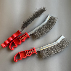 供應塑料柄不鏽鋼絲鍍銅鋼絲刷除鏽刀型鋼絲刷子清潔燒烤長柄刀刷