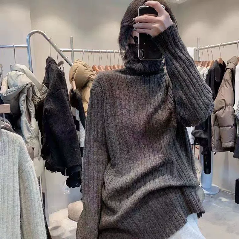 Осенняя и зимняя новая рубашка с высоким воротником и нижним дном женская свободная корейская версия сплошного свитера с длинными рукавами шерстяной трикотажный топ
