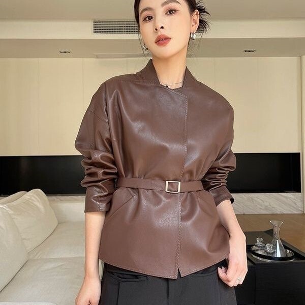 Wzxsk High-End Pu Leather Deer-Patterned Leather Jacket Women's Short Coat 2026 Autumn New Style Waist-Cinching Slimming Fashion