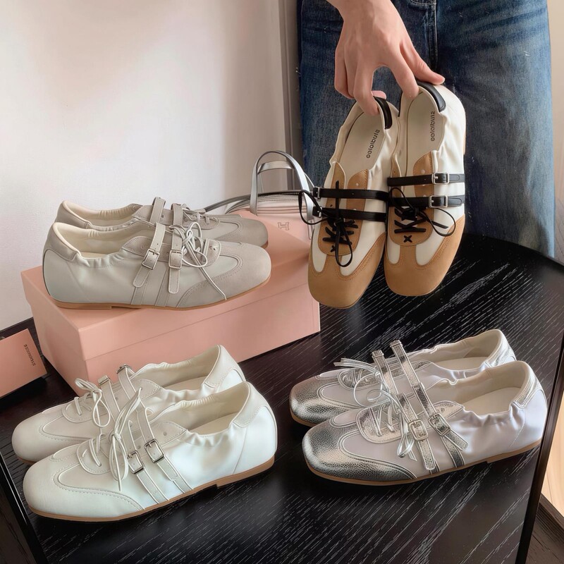 Sheepskin Version of Grape Mom's Same Style, Korean-Style Double Buckle Square-Toe Ballet-Style German Training Shoes for Women, Casual Forrest Gump Shoes