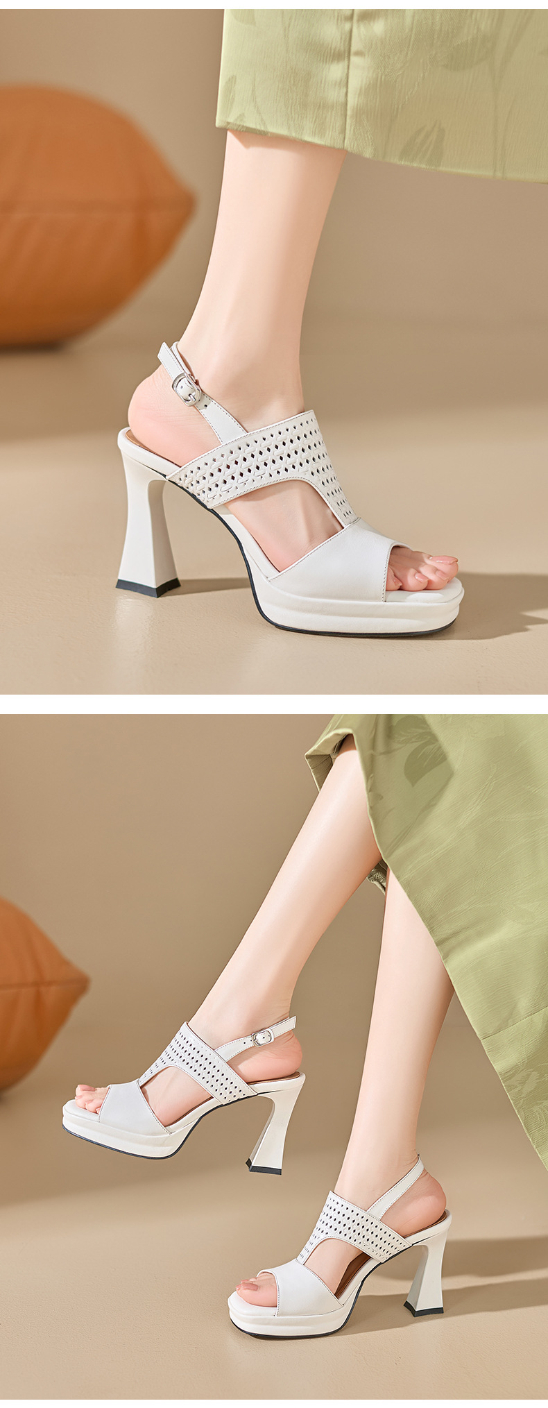 Sandal cao gót nữ hở mũi quai ngang khóa gót 9 cm — màu trắng ngà chi tiết 5