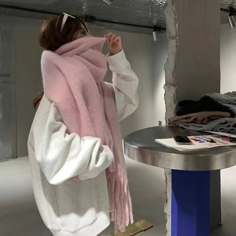 韩系马海毛氛围感粉色格纹围巾女冬季保暖百搭流苏长款围脖批发|undefined
