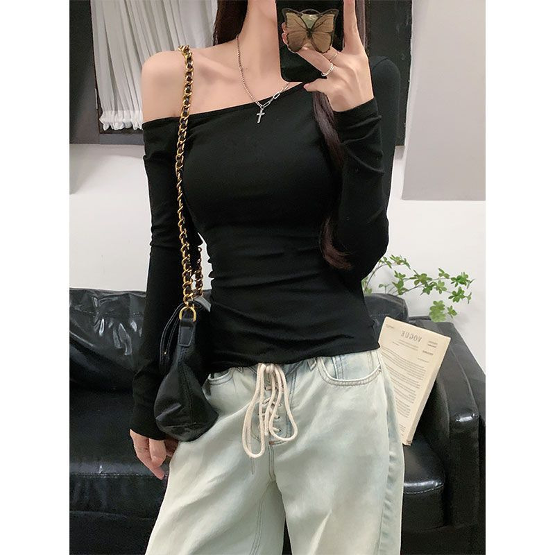 Pure Shoulder Long-sleeved T-shirt Women's Early Autumn 2024 New Super Hot Ins Slim-fit Slimming Spice Girls Niche Shoulder Top