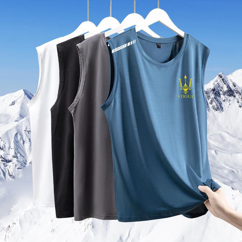Ice Silk Vest Men's Trendy Thin Breathable Quick-drying Sports Leisure Wide Waistcoat Men's Round Neck Sleeveless T-shirt for Summer