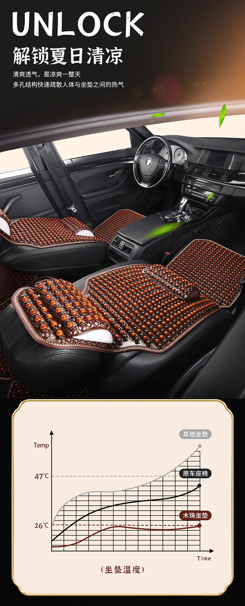 Car Seat Cushion Summer Ventilated and Breathable Cool Mat Single Wooden Bead Seat Cushion Non-slip Massage Pushion for First and First Officer Seat Cushion