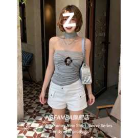 韩系复古灰色抹胸背心女夏外穿纯欲性感金属装饰上衣设计感小众女