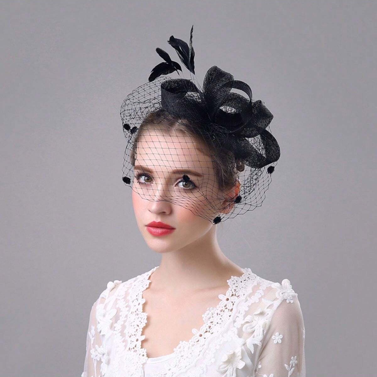 European and American Style Feather Bridal Hair Accessories, Mesh Polka Dot Dress Accessories, Headpiece, Gloves, Pearl Necklace Set