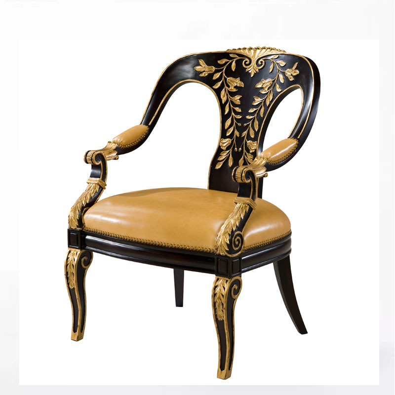 拉卡薩新古典實木雕花描金休閒椅亞歷山大真皮手繪扶手椅別墅書椅
