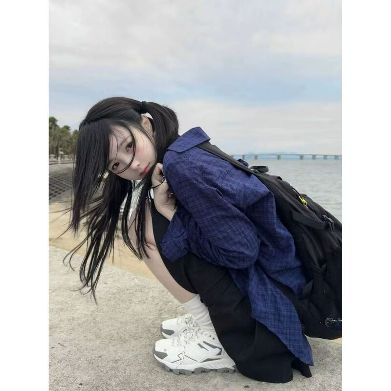 2025韩系蓝色格纹长袖衬衫女春夏宽松休闲百搭复古小众慵懒风衬衣|undefined