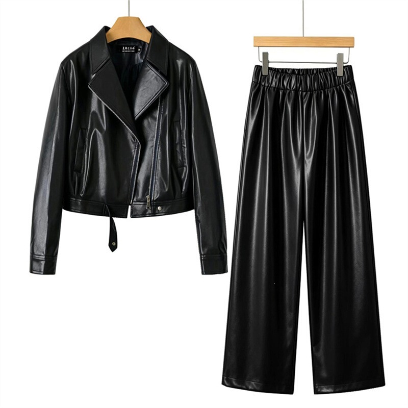 New Fashion 2025 Autumn Stylish Loose-Fitting High-End Leather Pants Slimming Set Youthful Leather Outfit for Women New Fashion 2025 Autumn Stylish Loose-Fitting High-End Leather Pants Slimming Set Youthful Leather Outfit for Women