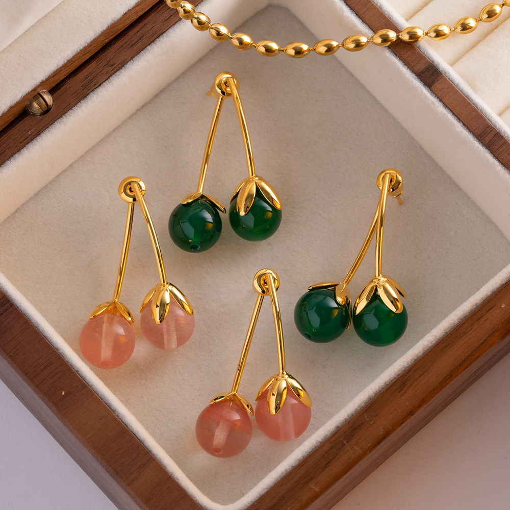 French Style Cherry Copper Inlay Gem Drop Earrings 1 Pair