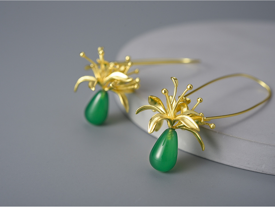 1 Pair 925 Sterling Silver Agate Flower Drop Earrings display picture 2