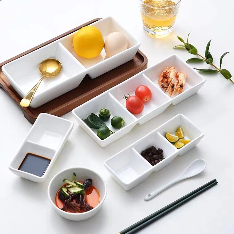 Ceramic Multi-Grids Dishes, Side Dishes, Hot Pot Restaurants, Barbecue Sauces, Seasonings, Three-Grids Seasonings, Vinegar Dipping Dishes, Commercial Tableware