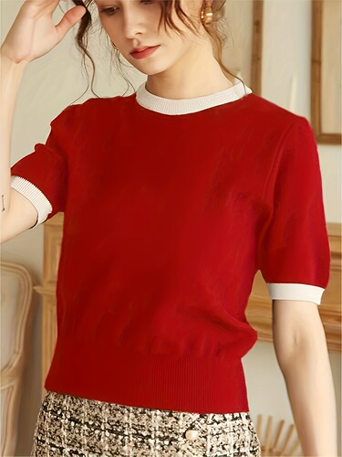 Contrast Trimming Knitted Top T-shirt Elegant Casual Holiday