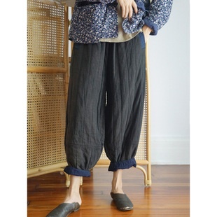 Artistic Retro Linen Cotton Pants Women's Winter Pants Loose Thickened Warm Retro Ethnic Zen Tea Clothes