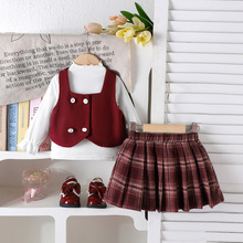 Kids clothing 跨境外贸秋冬新款小童白色打底衫红色马甲格子短裙