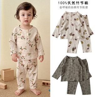 Spring and Autumn Children's Pajamas Girls' Home Clothes Slub Cotton Nordic Style Baby Pajamas suit Boys' Pajamas suit