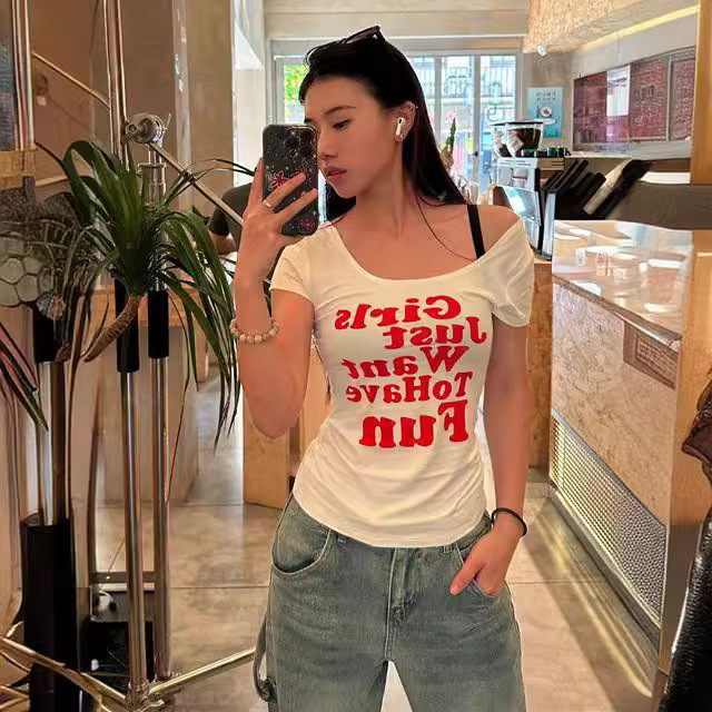 Korean version of sweet hot girl letter printed collar short-sleeved…