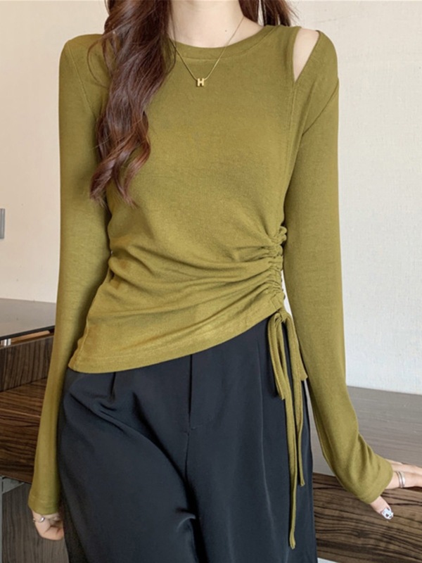 露肩气质长袖t恤女春秋新款修身不规则抽绳打底衫百搭上衣潮A6724|undefined