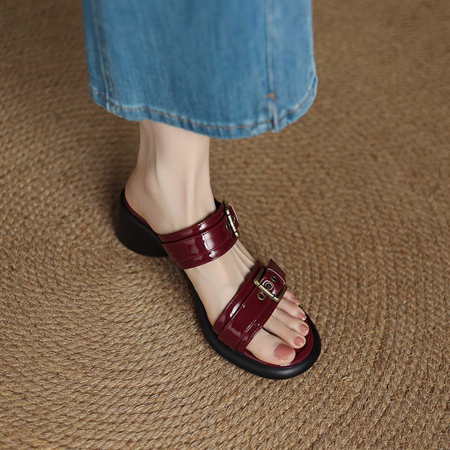 Sandal cao gót nữ hở mũi quai ngang khóa thắt lưng, đế dày mùa hè — đen chi tiết 8