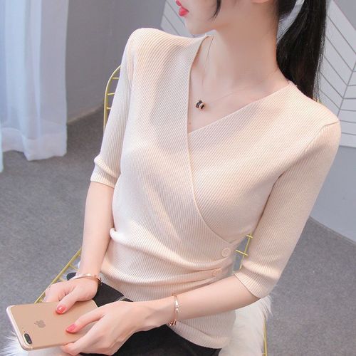 Spring Women's Three-Quarter & Long-Sleeve Top, V-Neck Stylish Half-Sleeve Knitted Sweater, Irregular Solid-Color Base Layer Pullover