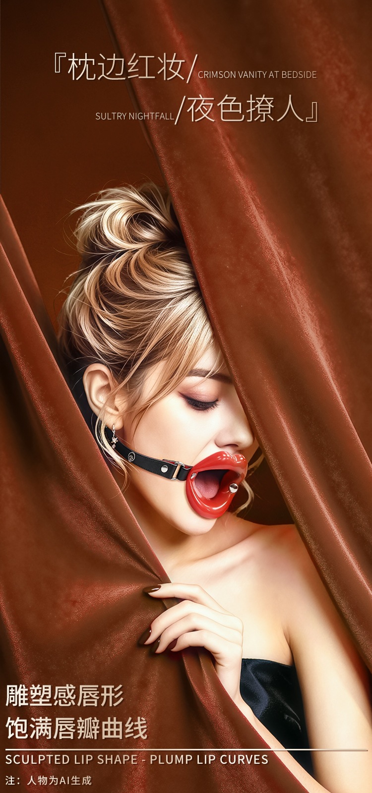 Rose Mouth Gag and Nipple Clamps Set in Black-Red PU Leather for Couples — detail image 2