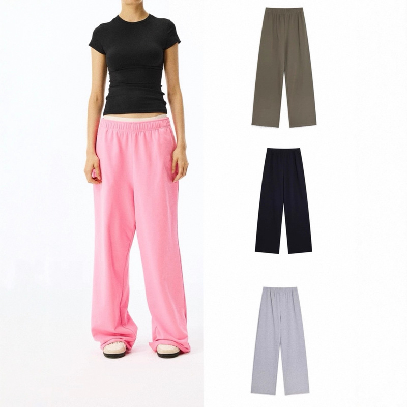 In-Stock Autumn New Arrivals Multi-Color Basic Cotton Drawstring Elastic Waist Frayed Hem Design Sports Casual Wide-Leg Sweatpants