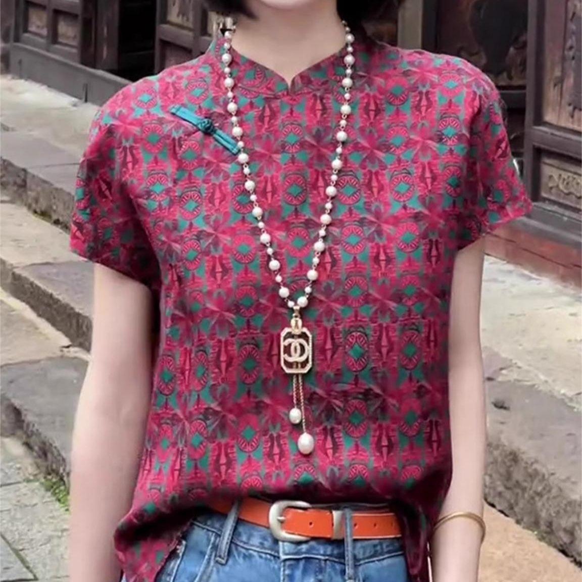 Summer New Chinese Style Tang Suit Red Versatile Short-Sleeved Shirt Chinese Style Improved Top with Slanted Placket and T-Shirt