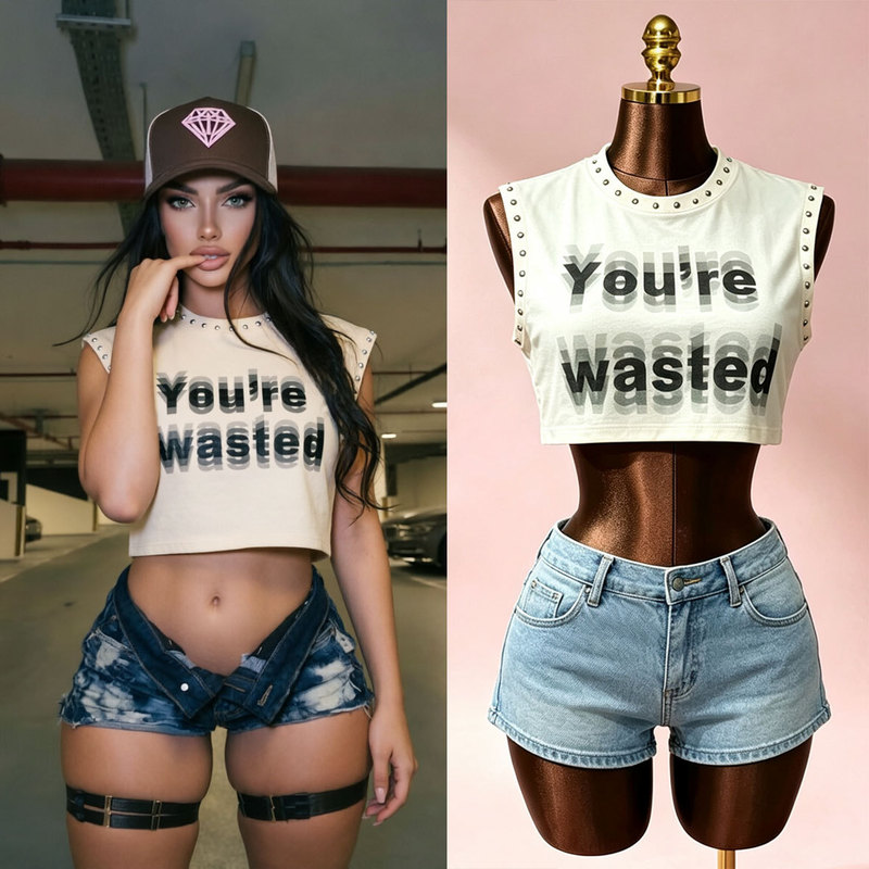 Mh1040 European and American Cross-Border New Niche Design Printed Hand-Painted Rivet Round Neck Loose Short T-Shirt Top