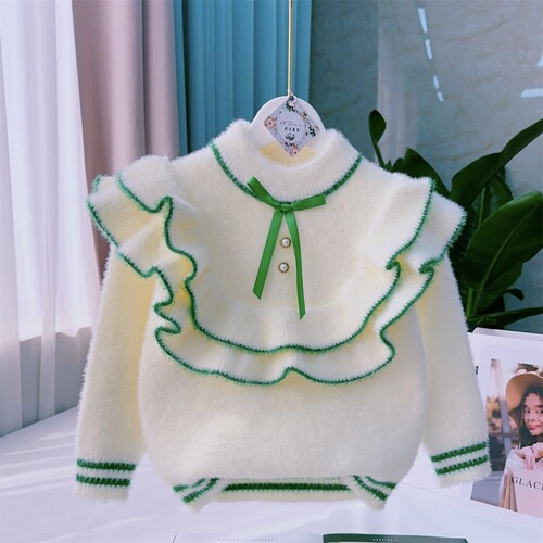 Children's Knitwear 2025 Autumn/Winter New Design with Bow Edge Lining and Thick Warm Hooded Top Bottom Shirt Other
