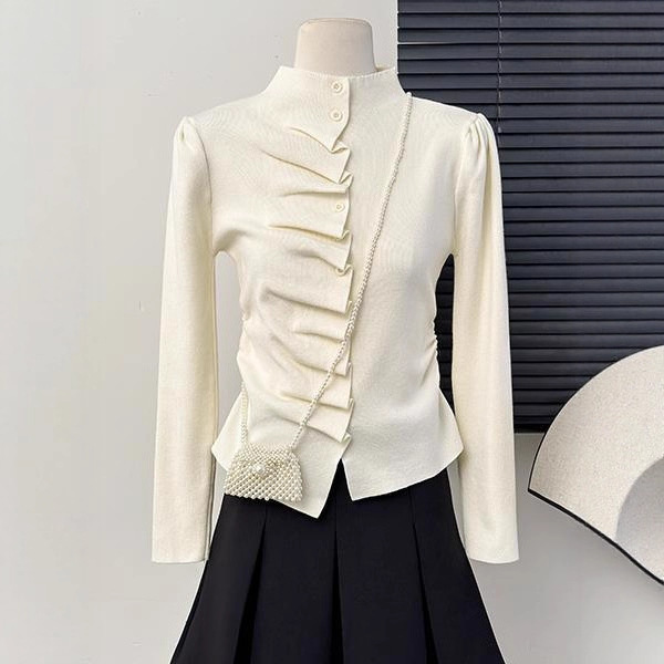Half-Turtleneck Long-Sleeve Knit Base Shirt for Women, Spring and Autumn, Plus Size, Unique Irregular Pleated Knit Short Top Half-Turtleneck Long-Sleeve Knit Base Shirt for Women, Spring and Autumn, Plus Size, Unique Irregular Pleated Knit Short Top