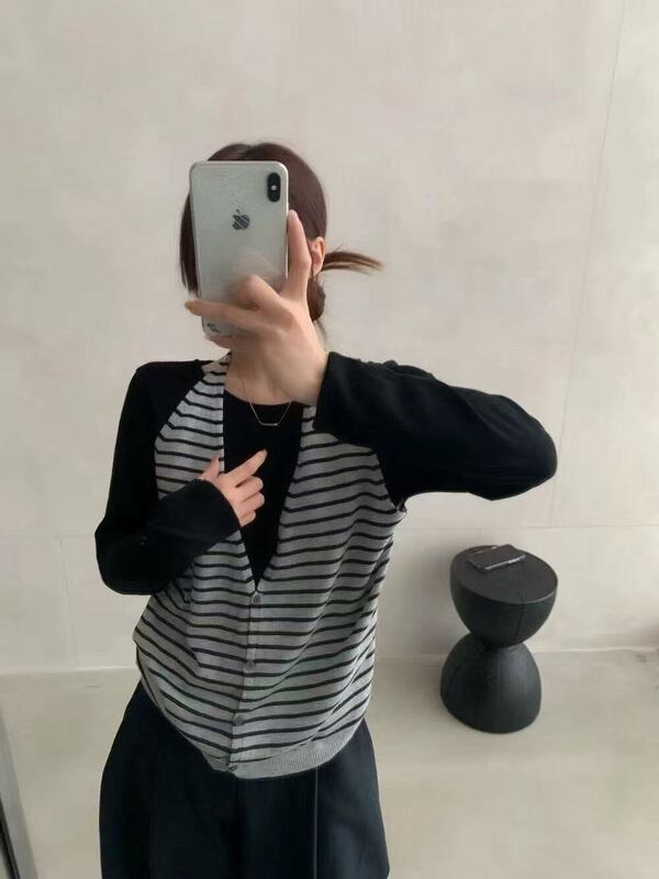 法式吊带背心挂脖假两件条纹针织衫女秋韩系洋气宽松叠穿打底上衣|undefined