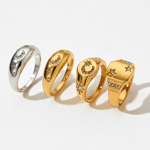 Stainless steel diamond ring European and American retro star and moon design personalized index finger ring cross-border hot selling ring jewelry
