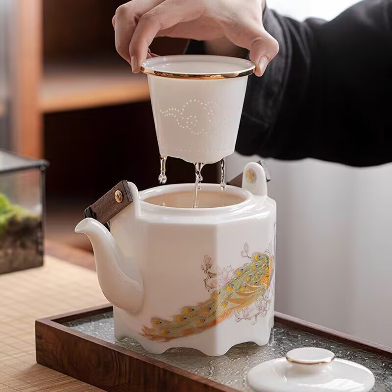 陶磁器ティーポット家庭用大容量羊脂玉提梁壺事務用フィルタ付きティーポット|undefined