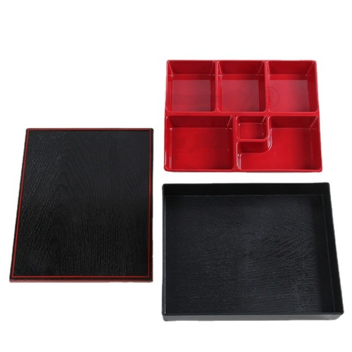 耐高温日式餐厅便当盒商务套餐盒红色6格耐高温木纹盖便当盒饭盒