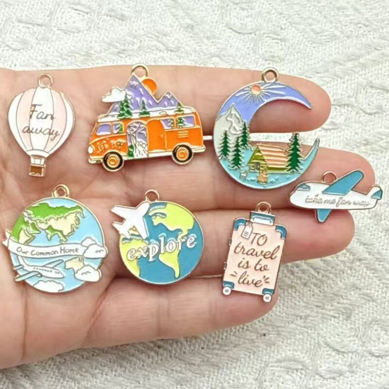 Moon Car House Earth Plane Travel Style Alloy Oil Drop DIY Jewelry Accessories Forest Cartoon Pendant Bracelet