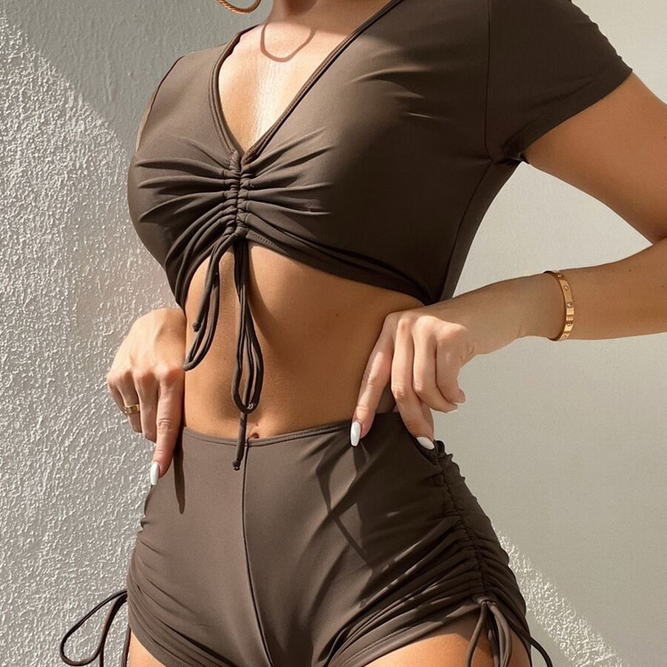 2026 New European and American Style Drawstring V-Neck Short-Sleeve Two-Piece Swimsuit for Women, Conservative Beach Bikini, Hot Spring Swimwear