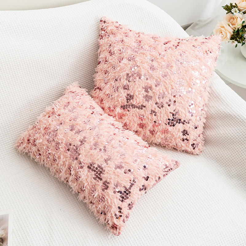 Ins Style Pink Pillow Living Room Sofa Decorative Cushion Sequin Long Hair Cross-Border American Home Pillow Case Wholesale