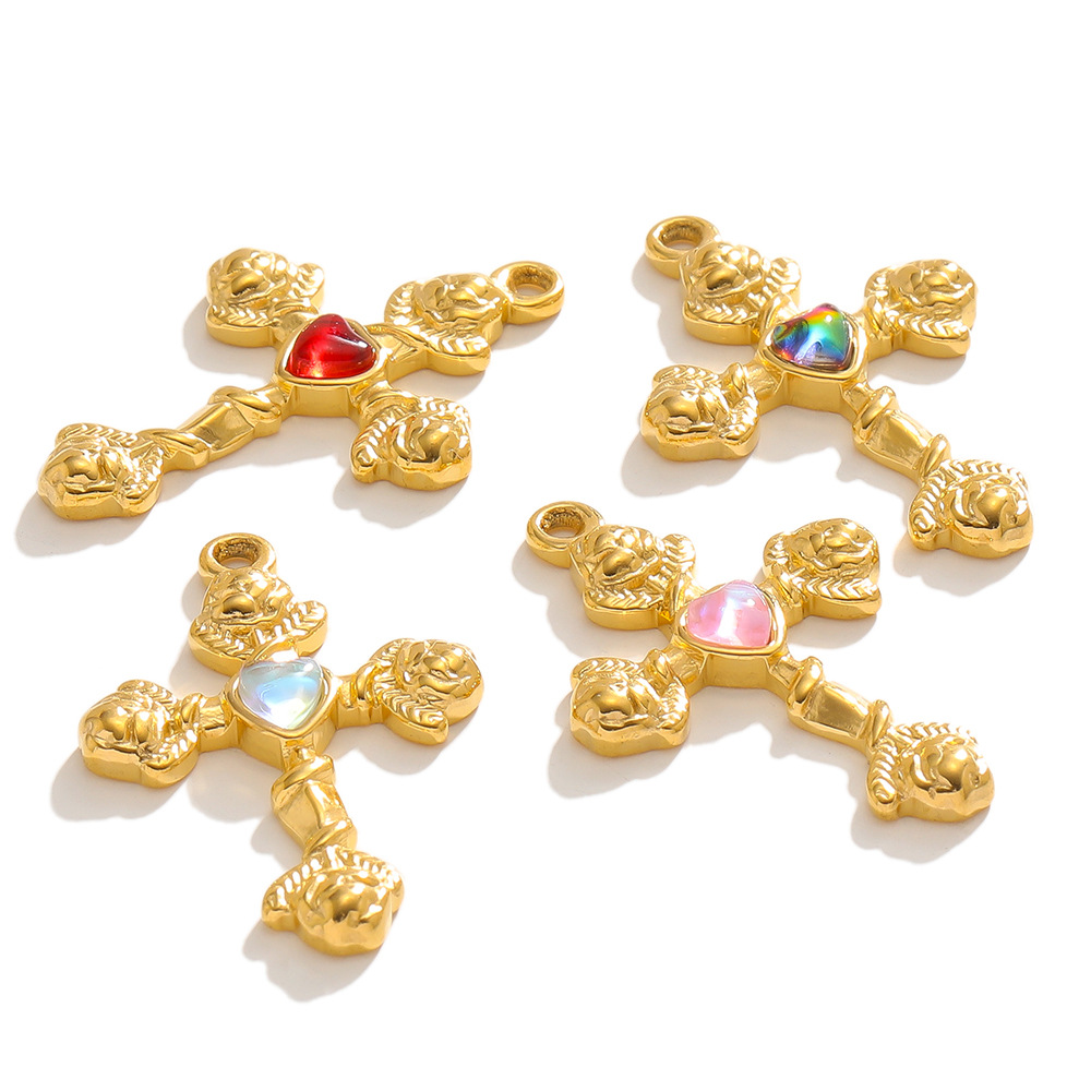 304 Stainless Steel Material 5 PCS/Package 20*30mm Hole 1~1.9mm 304 Stainless Steel Gem Cross Heart Shape Rose Pendant