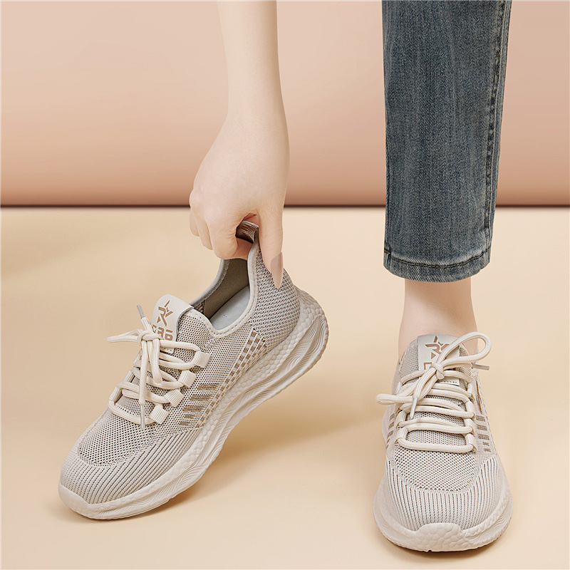 Giày sneaker nữ dệt kim lưới thoáng khí đế mềm đi bộ chạy bộ du lịch — 6045 Màu be, 6045 Da đen