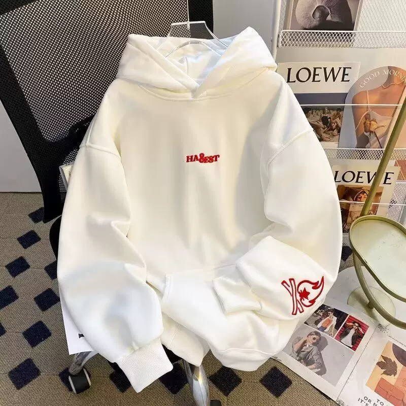 跨境美式复古潮牌卫衣男百搭宽松连帽外套男新款重磅简约卫衣男