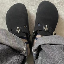 克罗鑫联名博肯包头拖鞋真皮软木底黑色十字架拖鞋外穿休闲懒人拖
