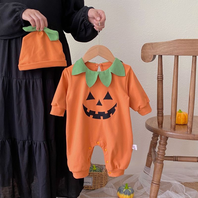 2025 新しいヨーロッパとアメリカのハロウィンベビーワンピースカボチャスマイリーフェイス長袖ロンパース無料キャップドロップシッピング|undefined